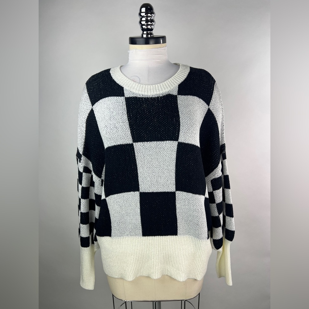 💚 2921. Oversized Checkered Stretchy Knit Sweatshirt - Picture 2 of 6